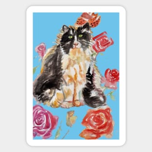 Tuxedo Cat Watercolor Painting and Roses on Light Blue Sticker